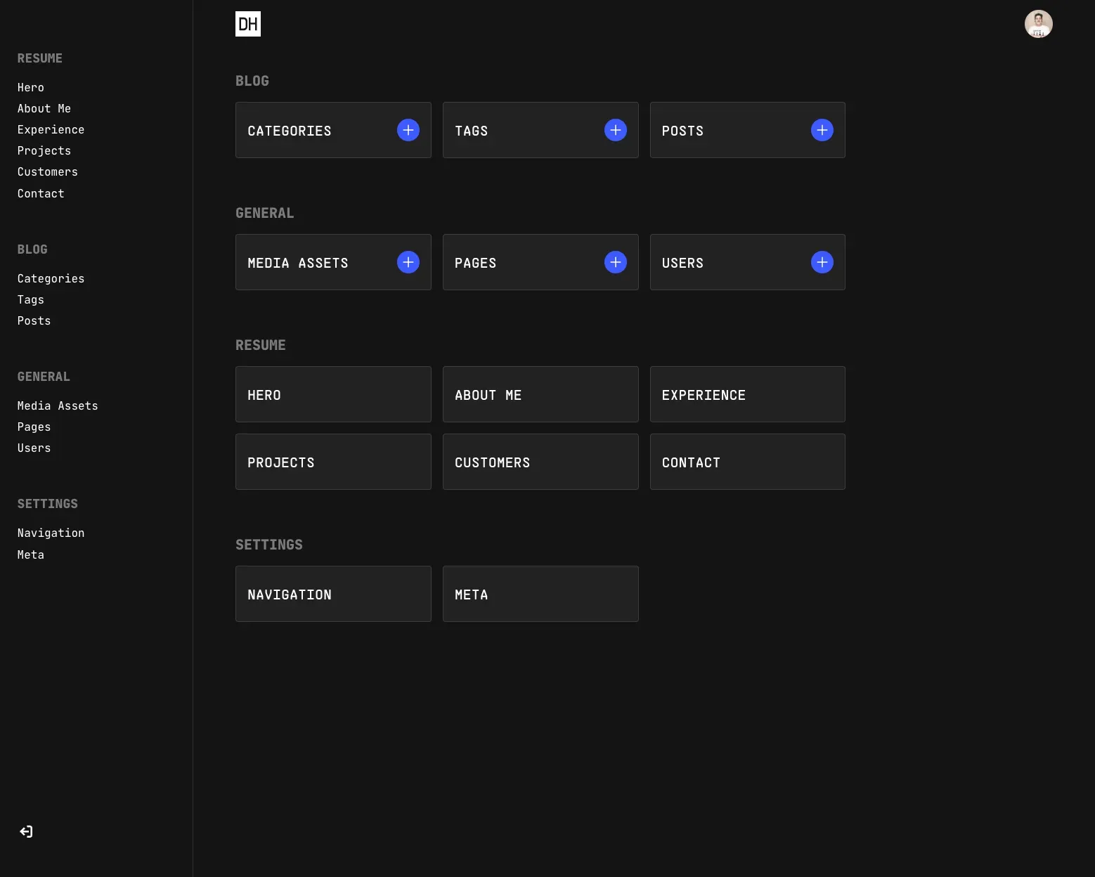 screenshot of the admin dashboard for my portfolio website